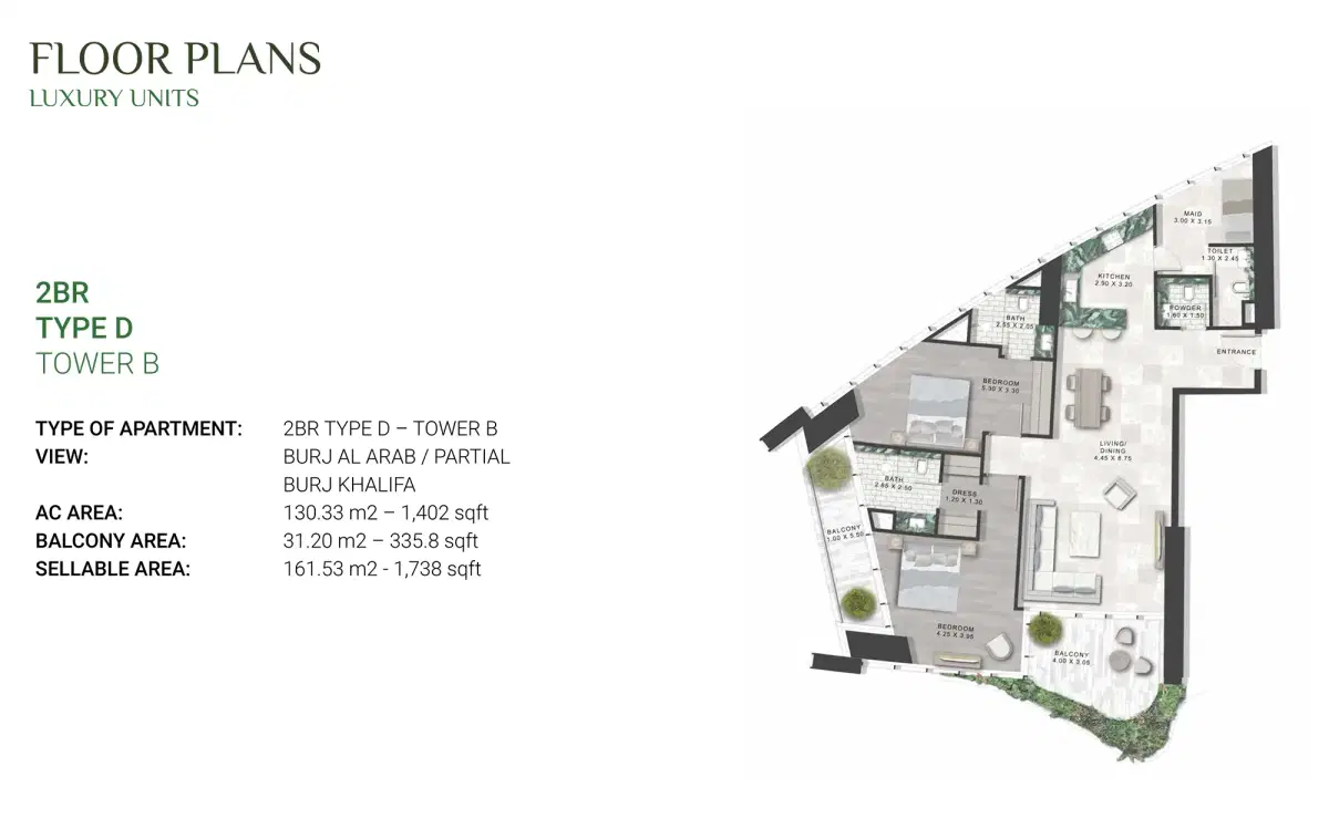 DAMAC Safa One Dubai 2 BR Floor Plan 1,738 Sq. Ft.