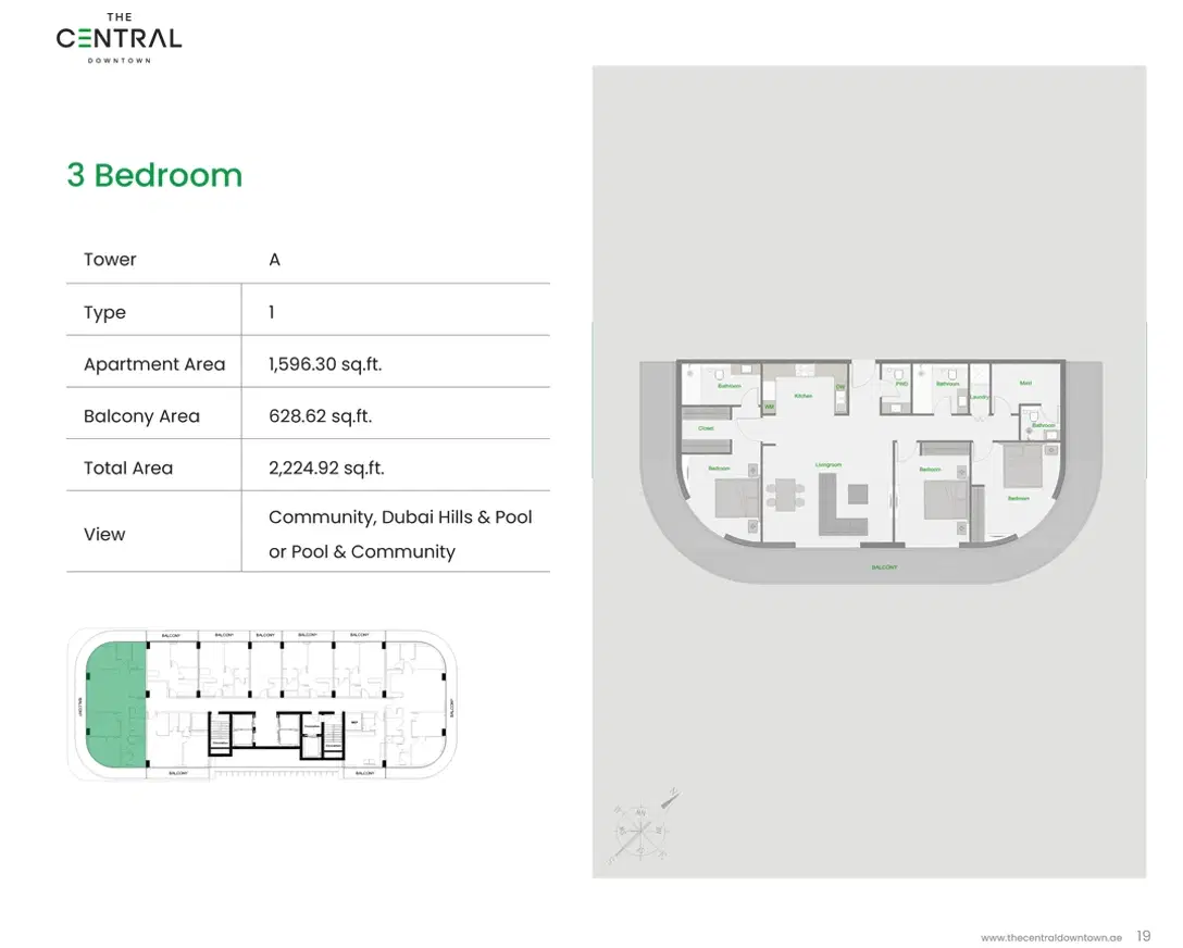 The Central Downtown Arjan Dubai 3 Bedroom Apartments Floor Plan