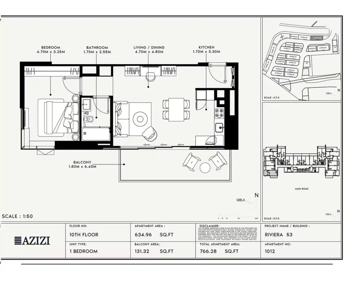 Azizi Riviera 53 at Meydan Dubai 1 BR Apartment Floor Plan