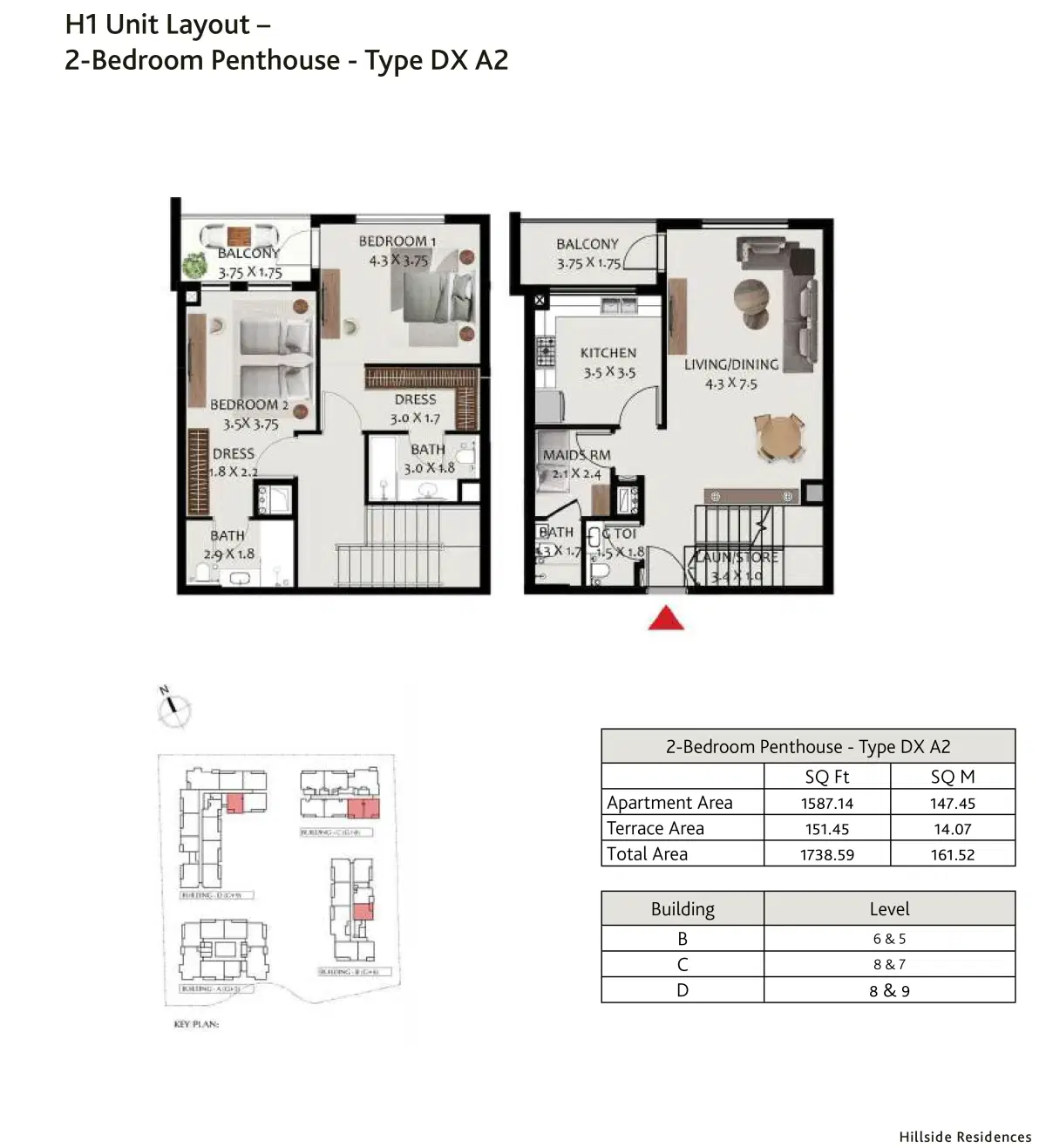 Hillside Residences at Wasl Gate 2 BR Penthouse Floor Plan