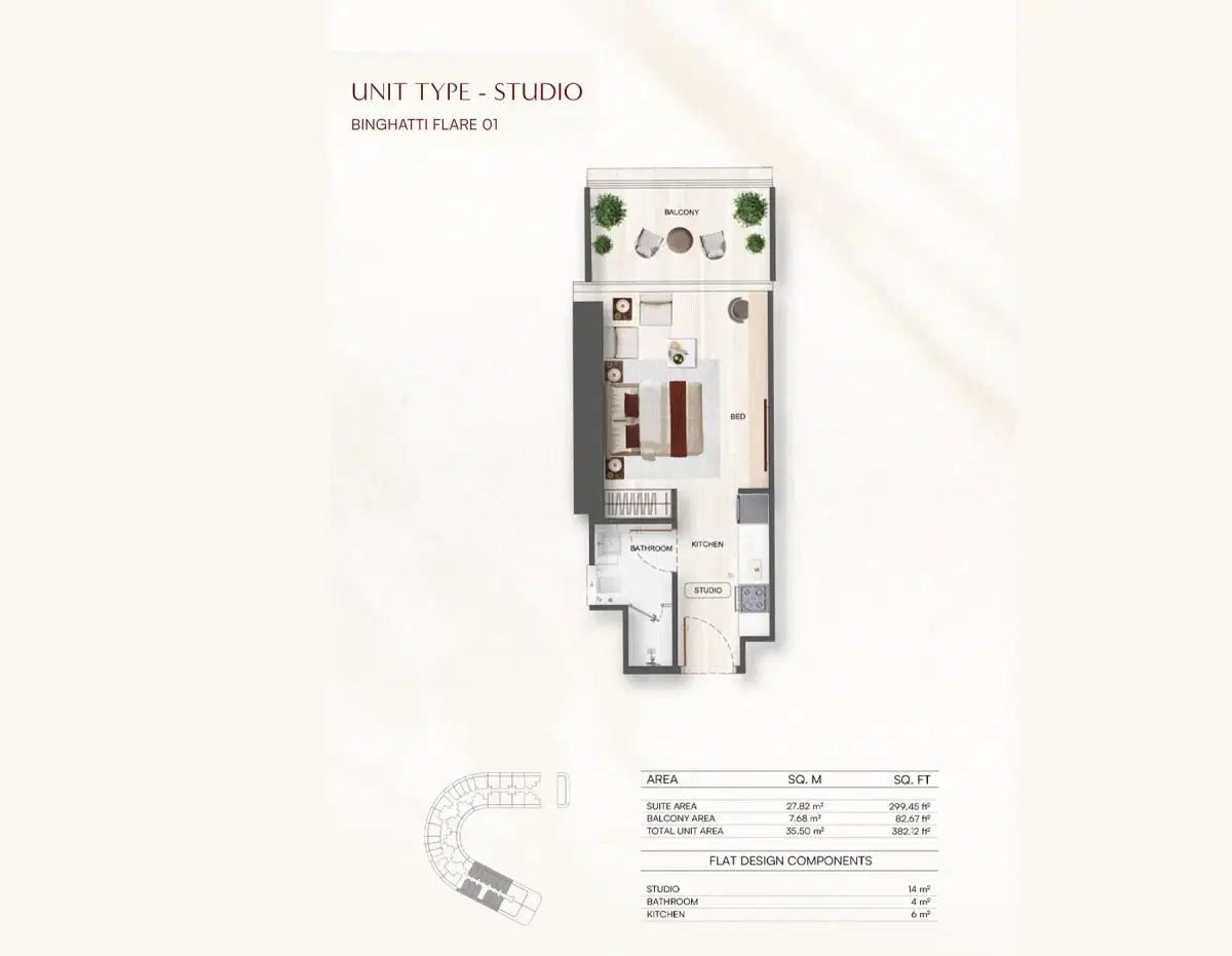 Binghatti Flare at Jumeirah Village Triangle Studios Floor Plan 382 Sq. Ft.