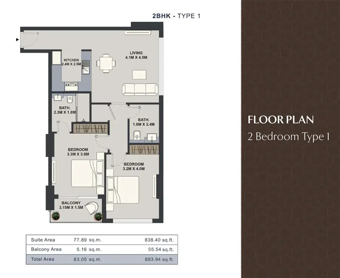 2 BR Floor Plan 894 Sq. Ft.