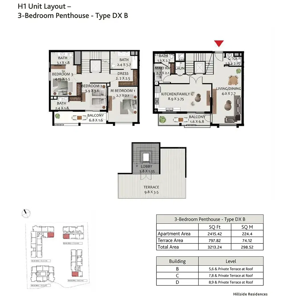 Hillside Residences at Wasl Gate 3 BR Penthouse Floor Plan