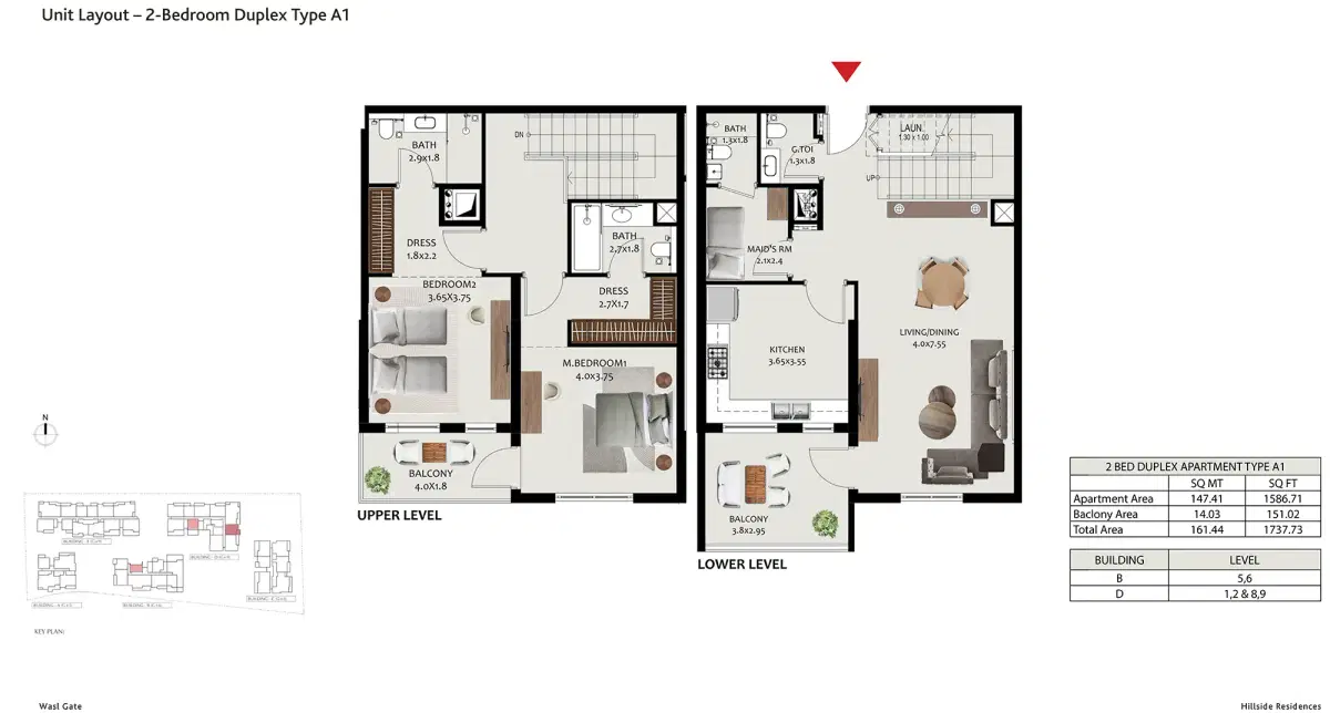 Hillside Residences 3 at Wasl Gate 2 BR Duplexes Floor Plan