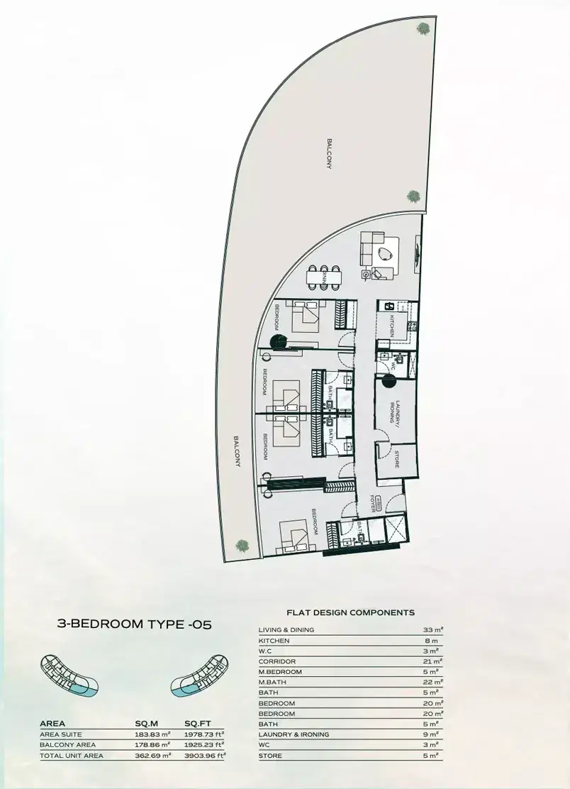 Binghatti Aquarise at Business Bay Dubai 3 BR Floor Plan 3,903 Sq. Ft.