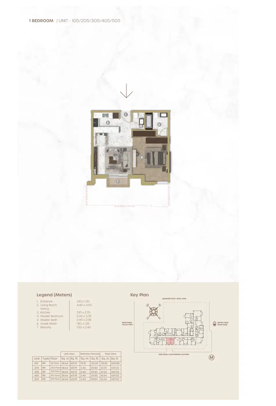 Avenue Residence 5 Dubai 1 BR Floor Plan 657 Sq. Ft.