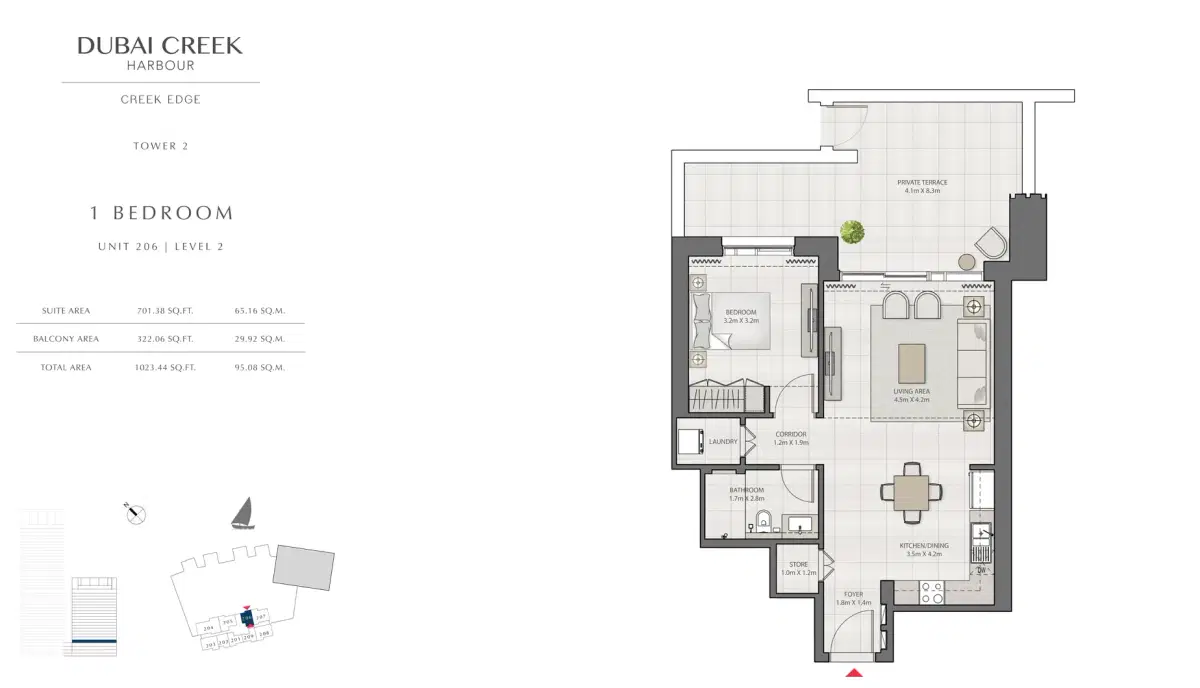 EMAAR Creek Edge Dubai 1 BR Floor Plan 1,023 Sq. Ft.