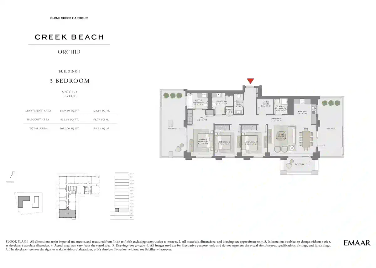 Emaar Creek Beach Orchid 3 BR Apartment Floor Plan