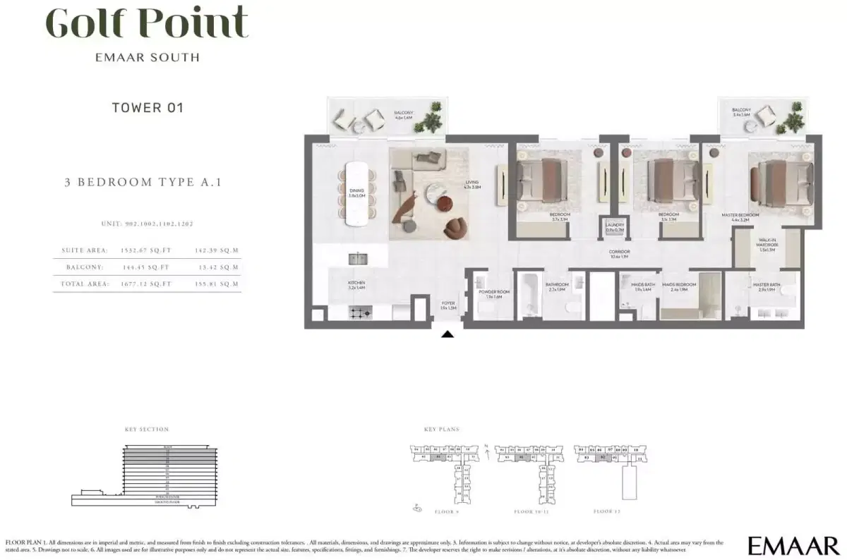 Emaar Golf Point Dubai 3 BR Floor Plan 1,677 Sq. Ft.