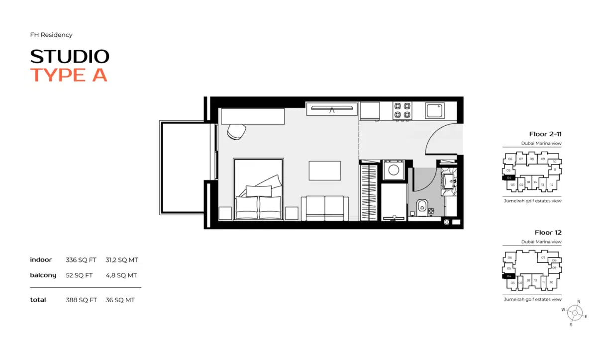 FH Residency Studios Floor Plan 388 Sq. Ft.