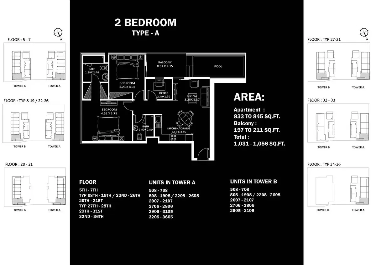Danube Elitz Dubai 2 BR Floor Plan 1,056 Sq. Ft.