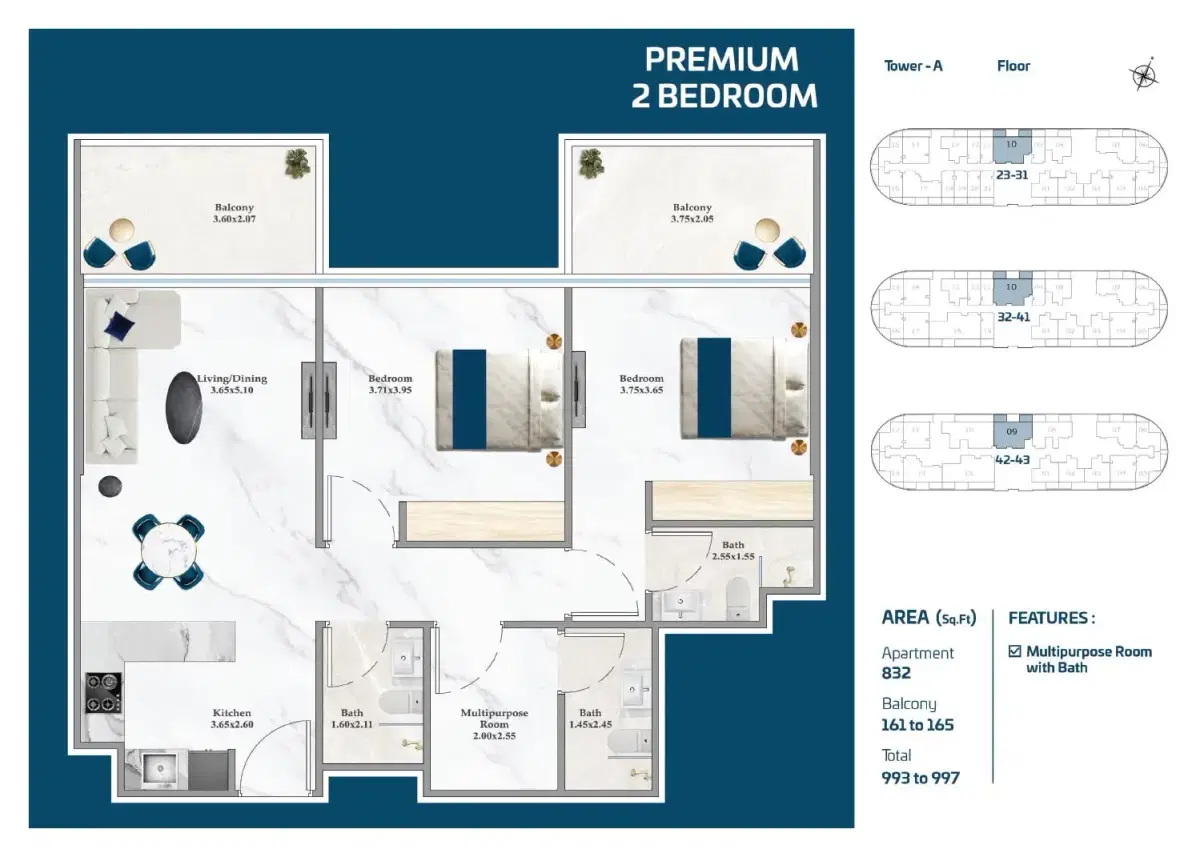 Serenz by Danube 2 BR Floor Plan 997 Sq. Ft.
