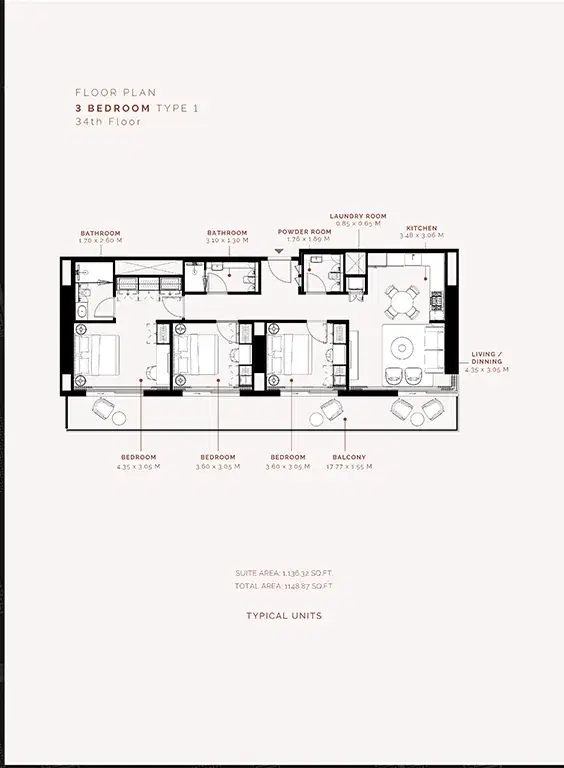 Milan Heights Azizi at City of Arabia 3 BR Floor Plan 1,148 Sq. Ft.