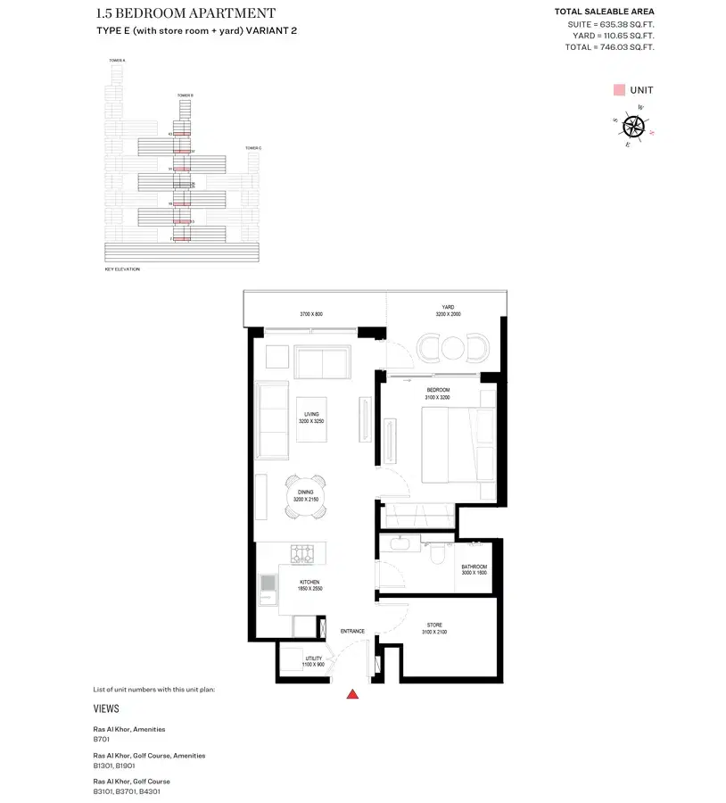 SOBHA One Dubai 1.5 BR Floor Plan 746 Sq. Ft.