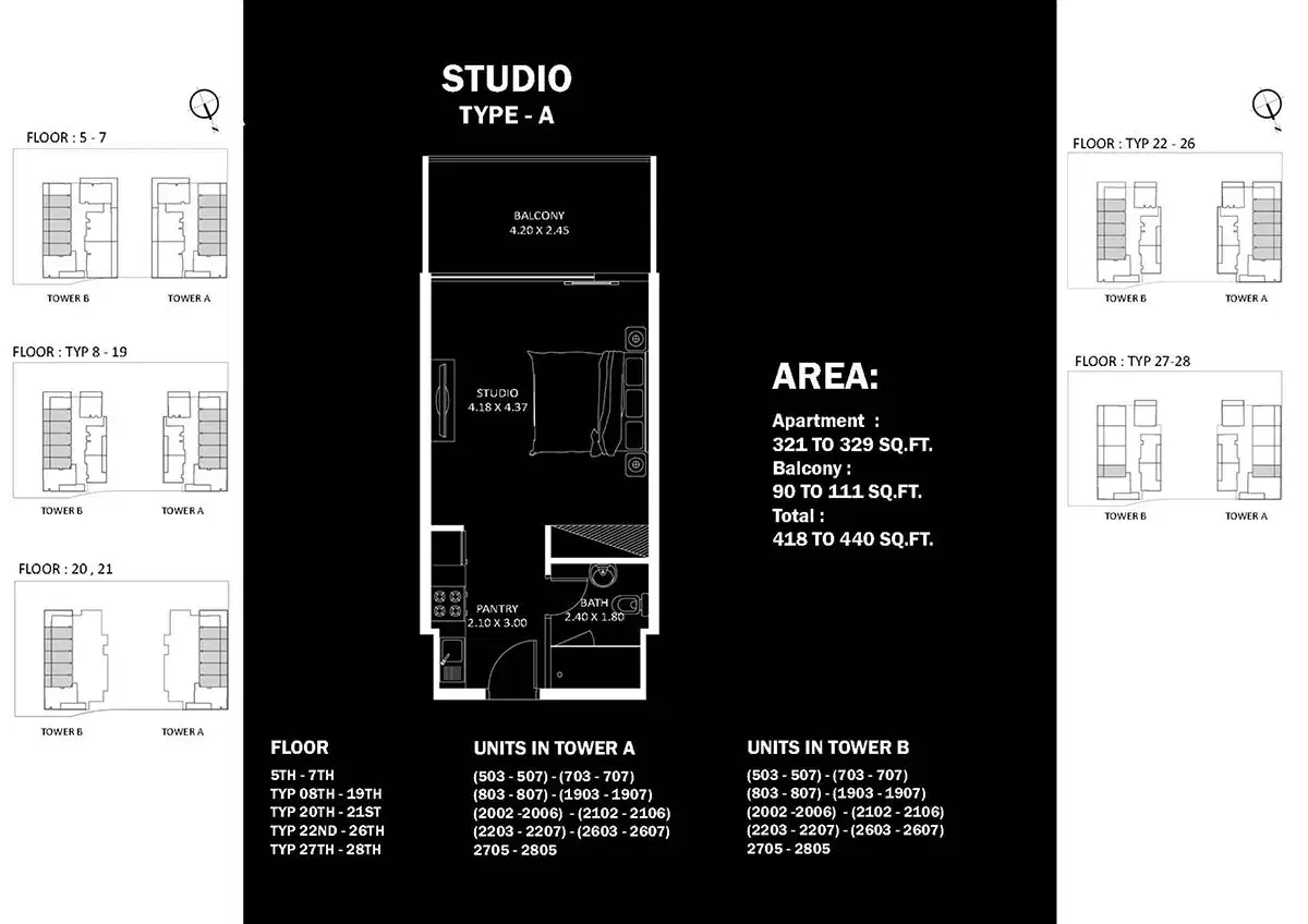 Danube Elitz Dubai Studios Floor Plan 440 Sq. Ft.