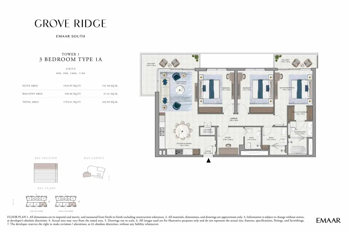 Emaar Grove Ridge At Dubai South 3 BR Apartment Floor Plan