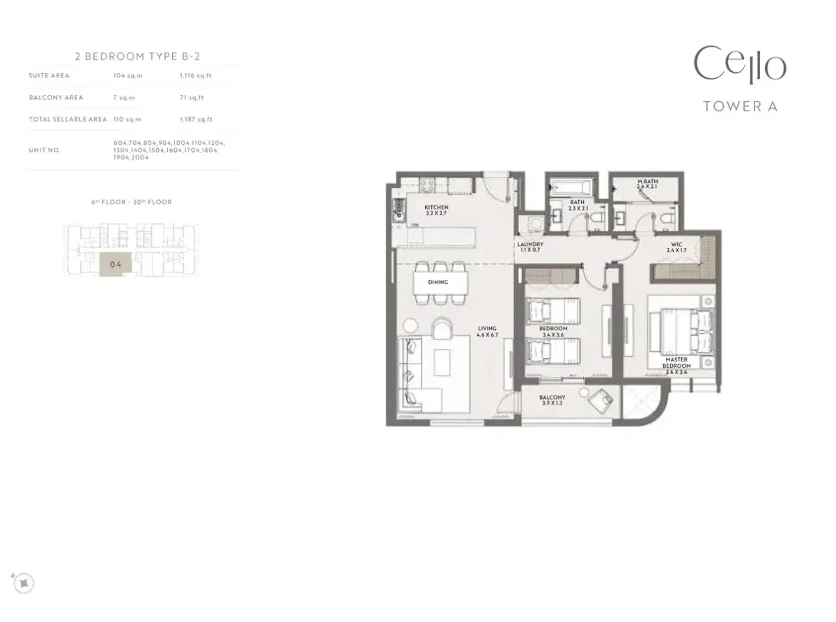 Taraf Cello Dubai Jumeirah Village Circle 2 BR Apartment Floor Plan