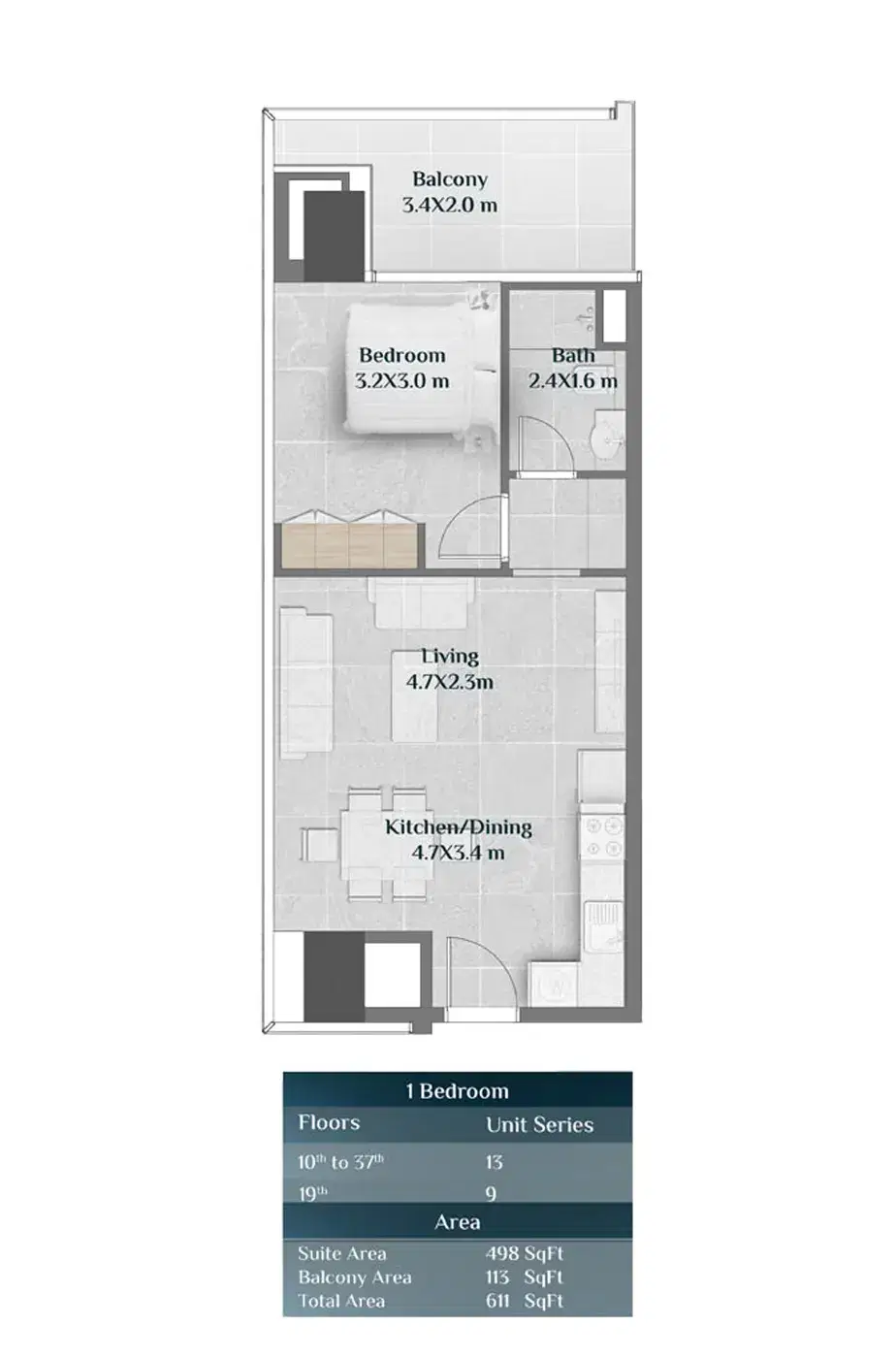 Skyhills Residences 1 BR Floor Plan 611 Sq. Ft.