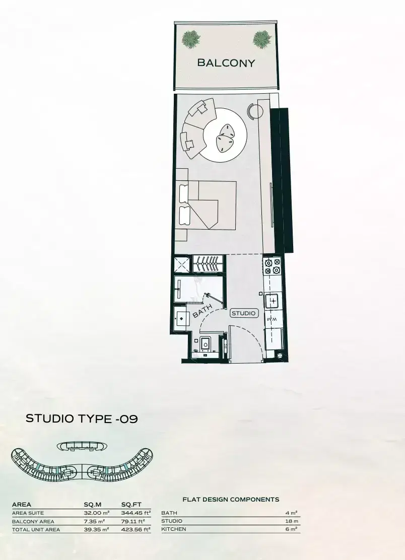 Binghatti Aquarise at Business Bay Dubai Studios Floor Plan 423 Sq. Ft.