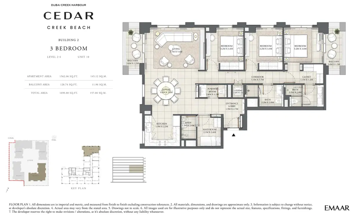 EMAAR Cedar Creek Beach Apartments at Dubai Creek Harbour 3 BR Apartment Floor Plan