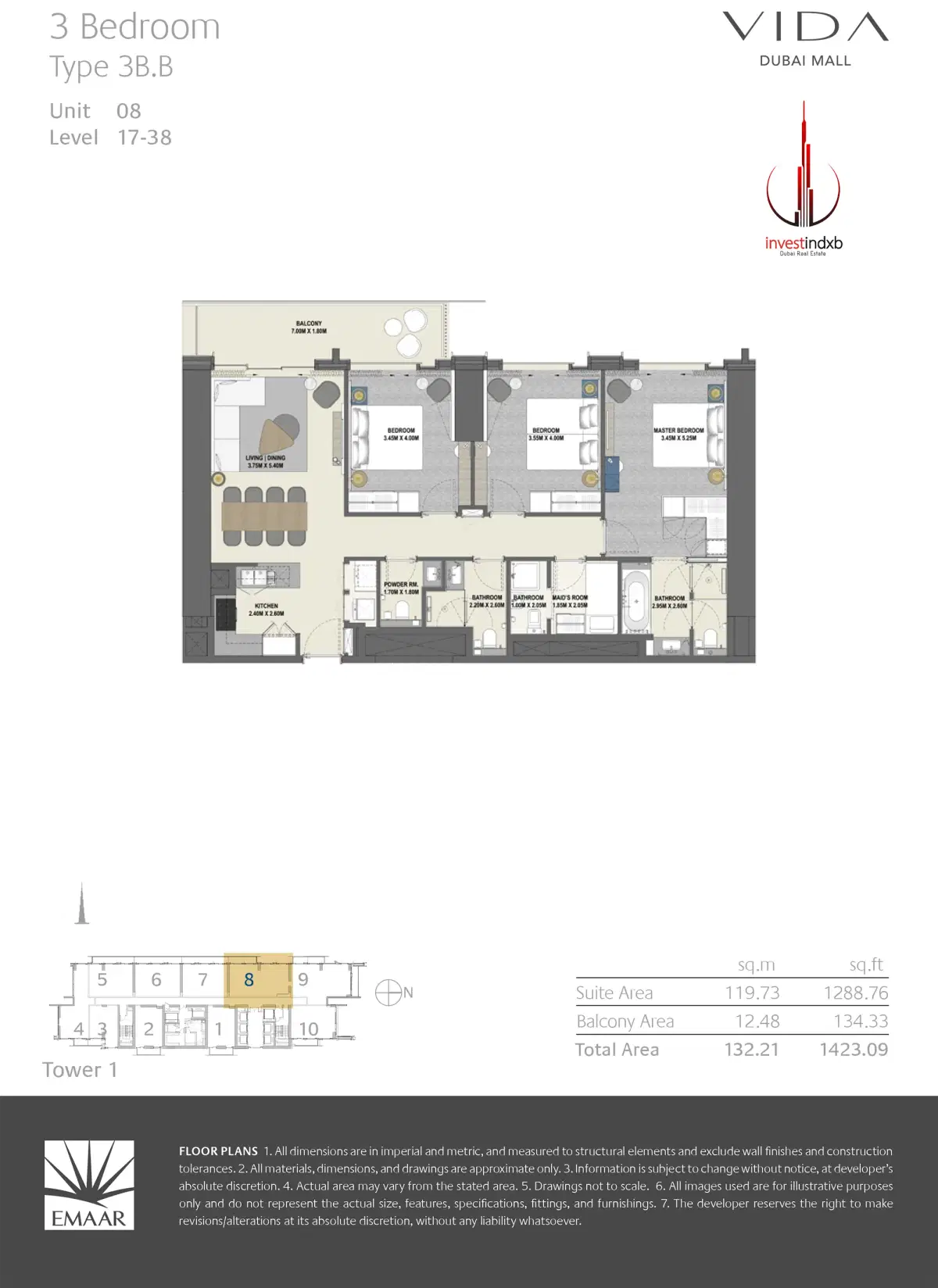 EMAAR Vida Dubai Mall Residences 3 BR Floor Plan 1,423 Sq. Ft.