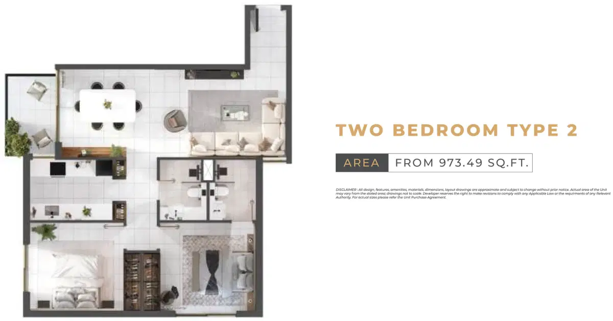 Levanto ORO24 Dubai 2 BR Floor Plan 973 Sq. Ft.