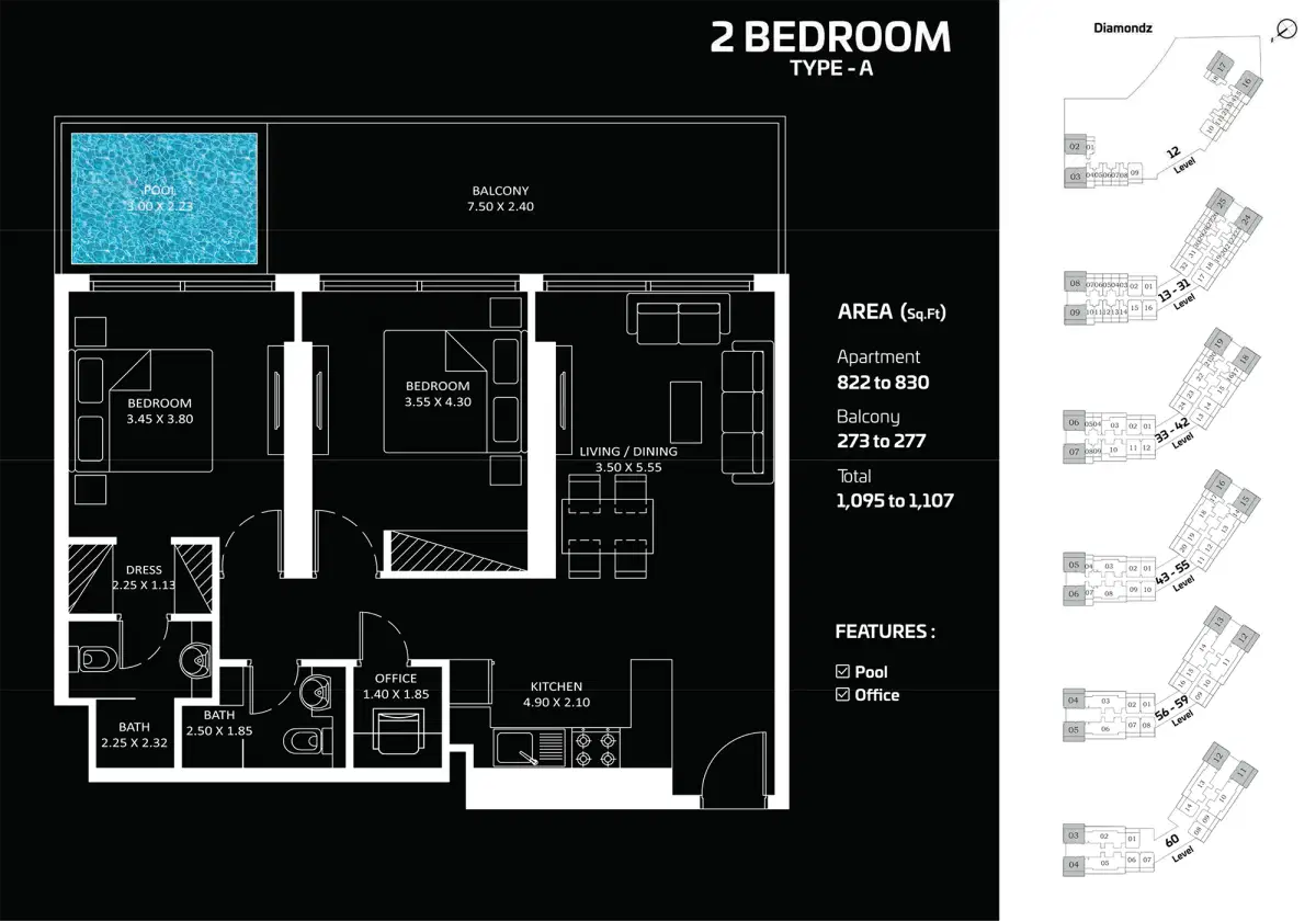 Danube Diamondz Dubai 2 BR Floor Plan 1,095 Sq. Ft.