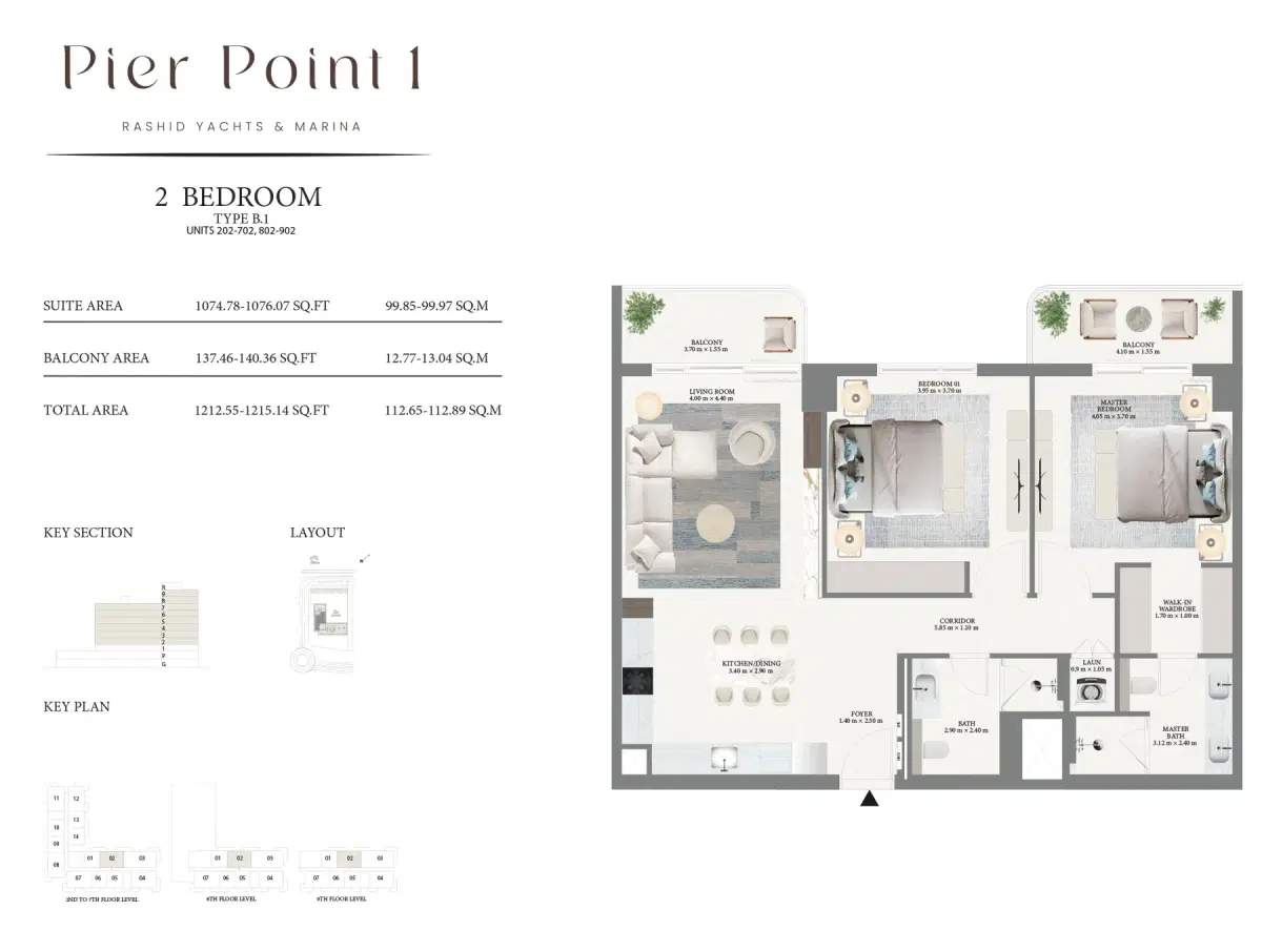 Emaar Pier Point Dubai 2 BR Floor Plan 1,215 Sq. Ft.