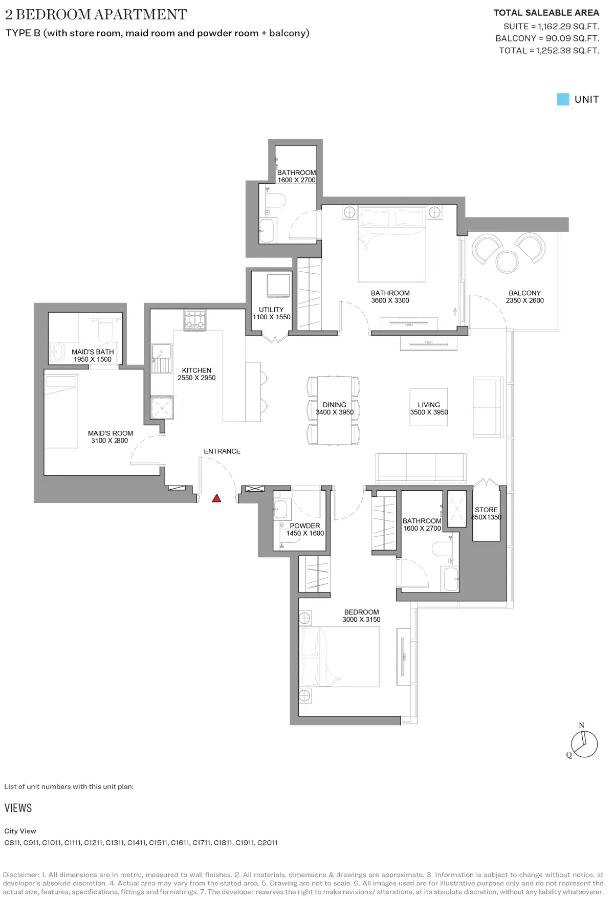 Sobha Skyscape Aura Dubai 2 BR Floor Plan 1,252 Sq. Ft.