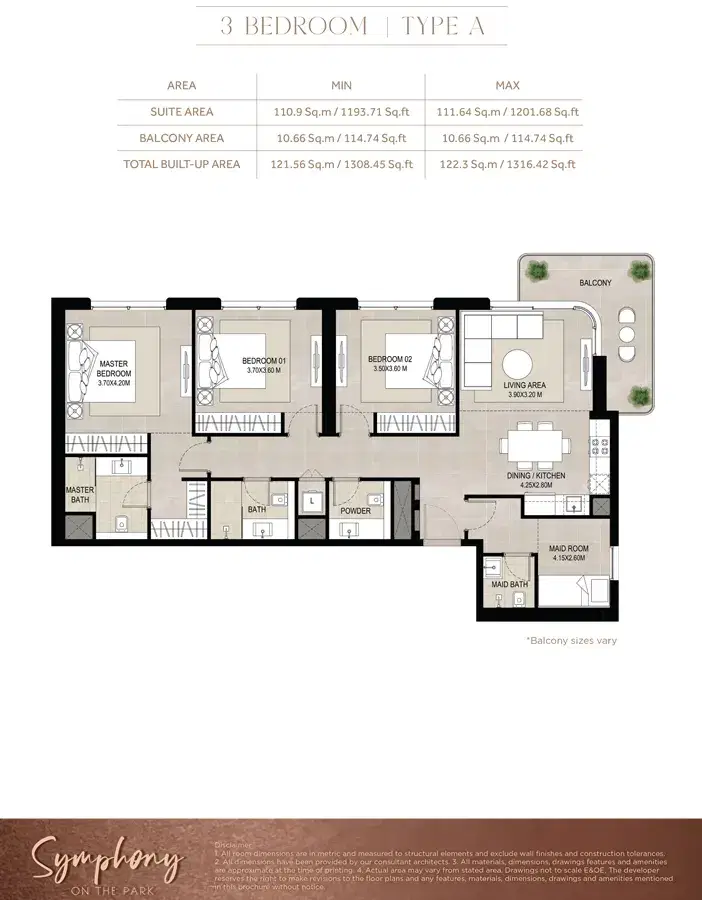 NSHAMA Symphony Dubai 3 BR Floor Plan 1,316 Sq. Ft.