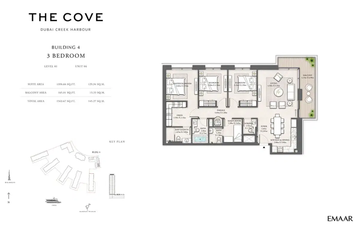 EMAAR The Cove 2 Dubai 3 BR Floor Plan 1,563 Sq. Ft.