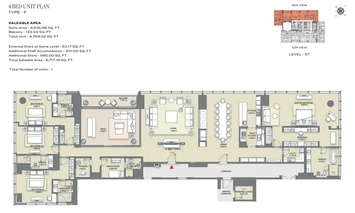 SOBHA The S Tower Dubai 4 BR Floor Plan 6,717 Sq. Ft.