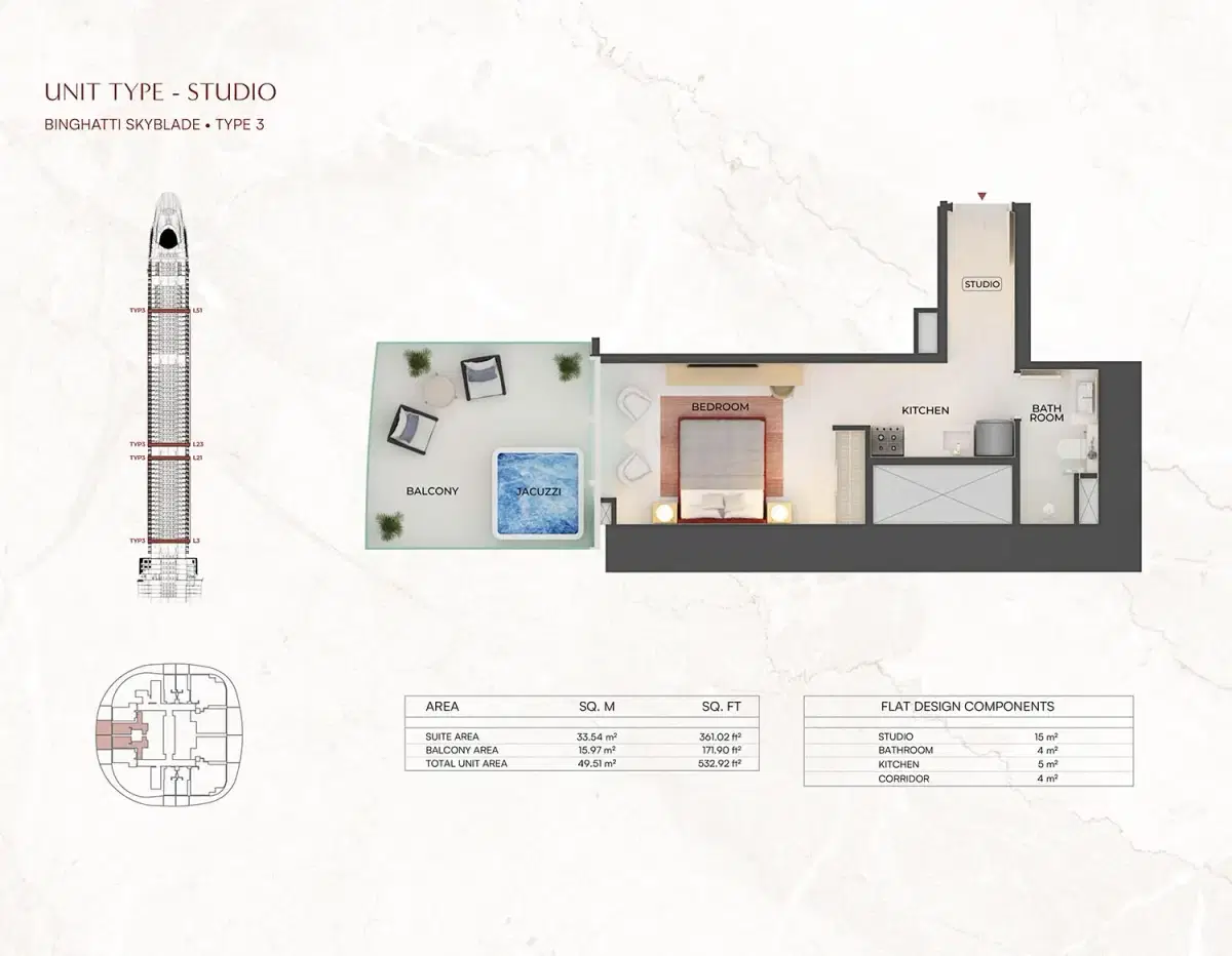 Skyblade at Downtown Dubai Studios Floor Plan 532 Sq. Ft.