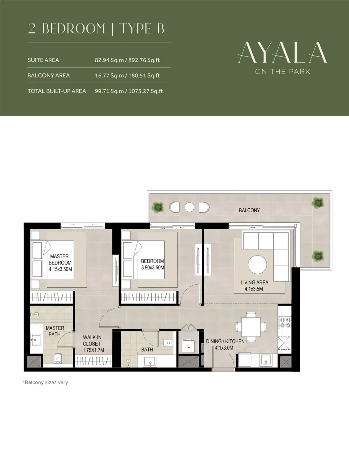 NSHAMA Ayala on the Park Dubai 2 BR Floor Plan 1,073 Sq. Ft.