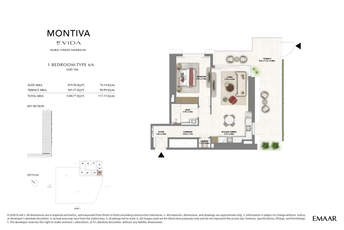Emaar Montiva by Vida at Dubai Creek Harbour  1 BR Floor Plan 1,260 Sq. Ft.