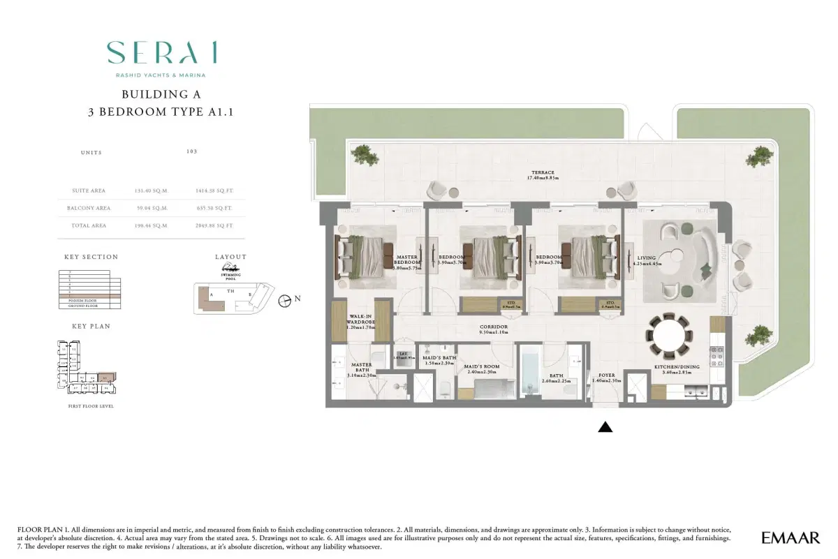 SERA by Emaar 3 BR Floor Plan 2,049 Sq. Ft.