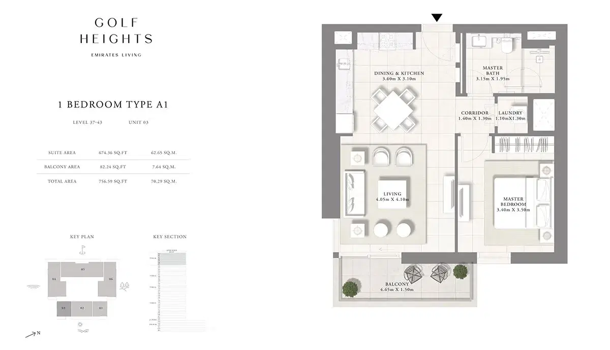 EMAAR Golf Heights Dubai 1 BR Floor Plan 756 Sq. Ft.
