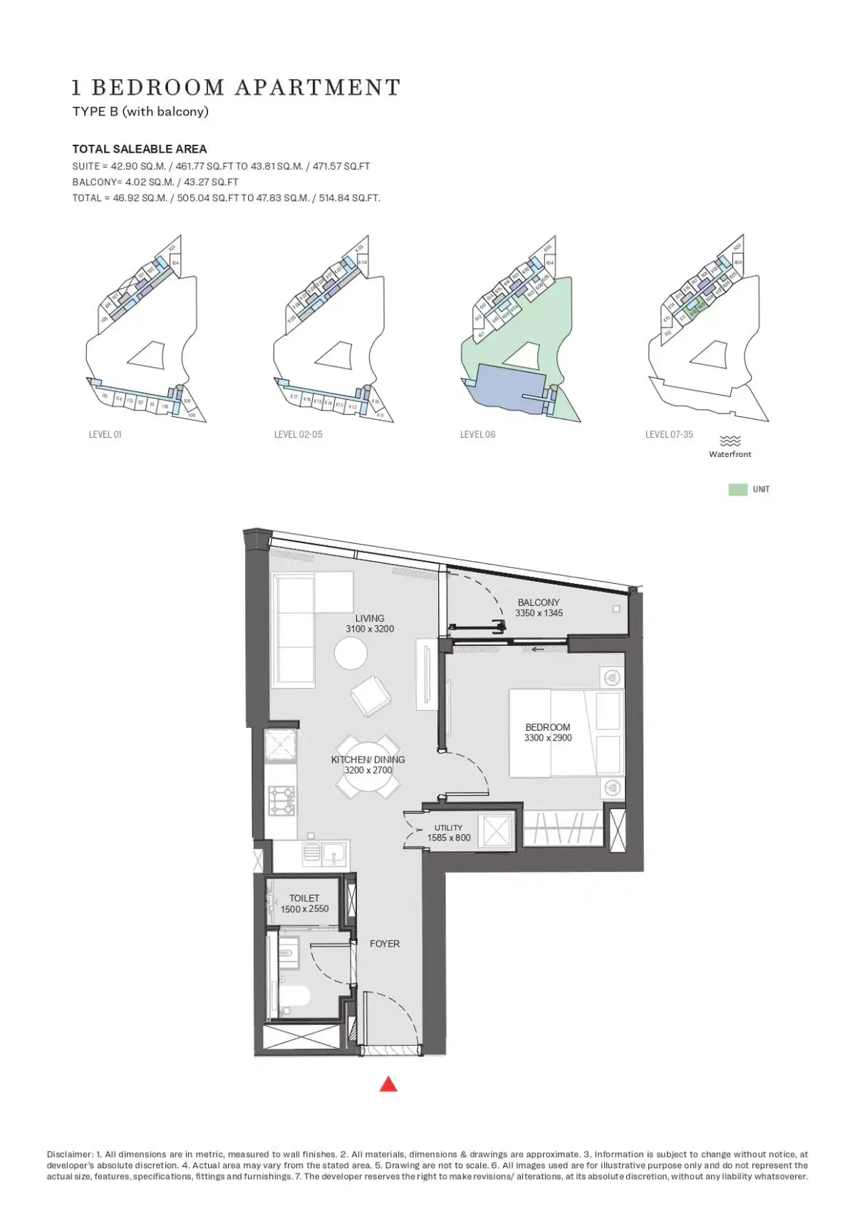 SOBHA Hartland Waves Dubai 1 BR Floor Plan 514 Sq. Ft.