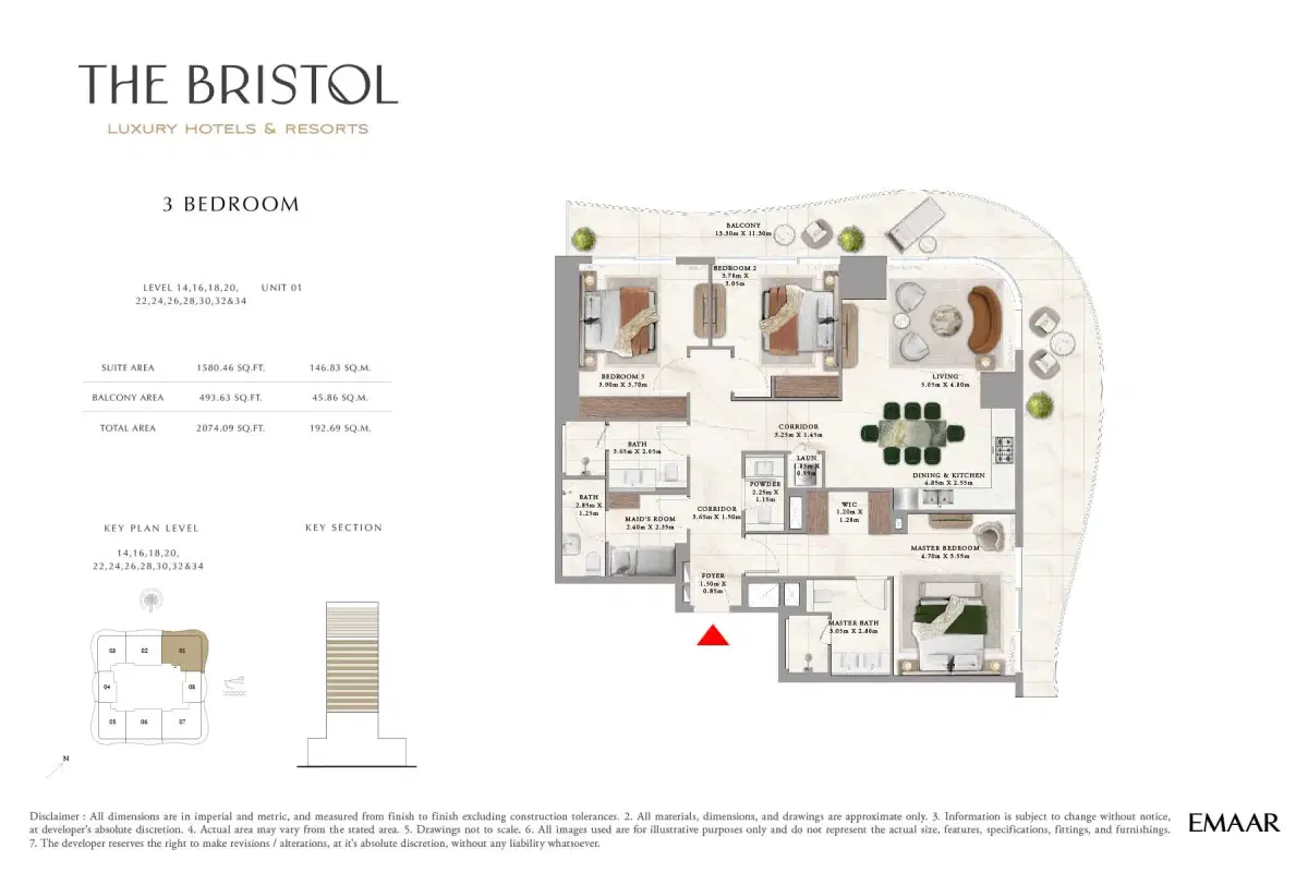 Emaar The Bristol Apartments 3 BR Floor Plan 2,074 Sq. Ft.
