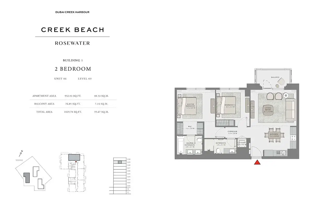 EMAAR Rosewater Dubai 2 BR Floor Plan 1,029 Sq. Ft.