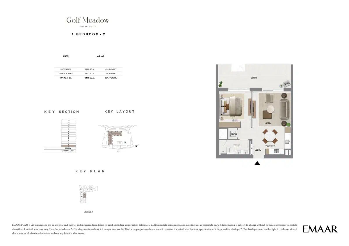 Golf Meadow at Emaar South 1 BR Floor Plan 904 Sq. Ft.
