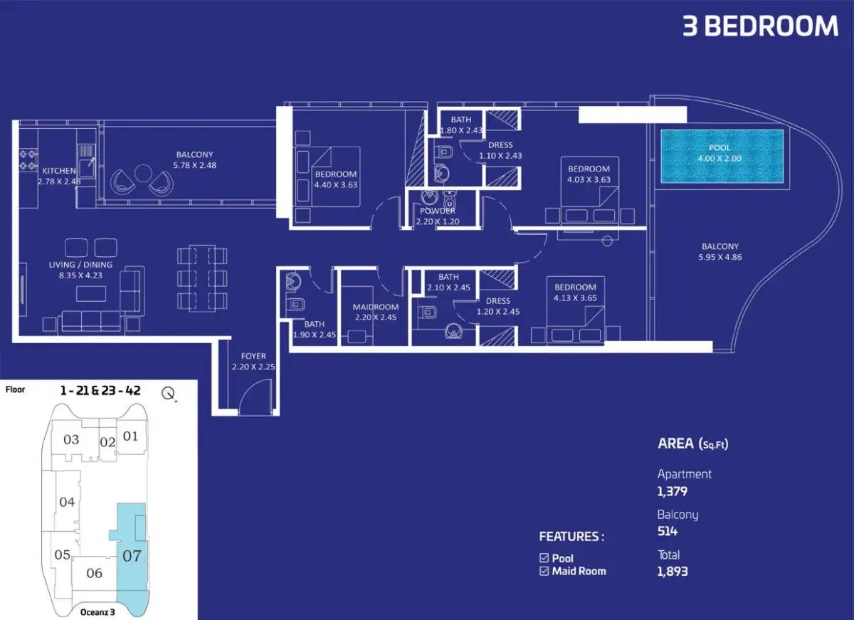 Danube Oceanz Tower 3 3 Bedroom Apartment Floor Plan