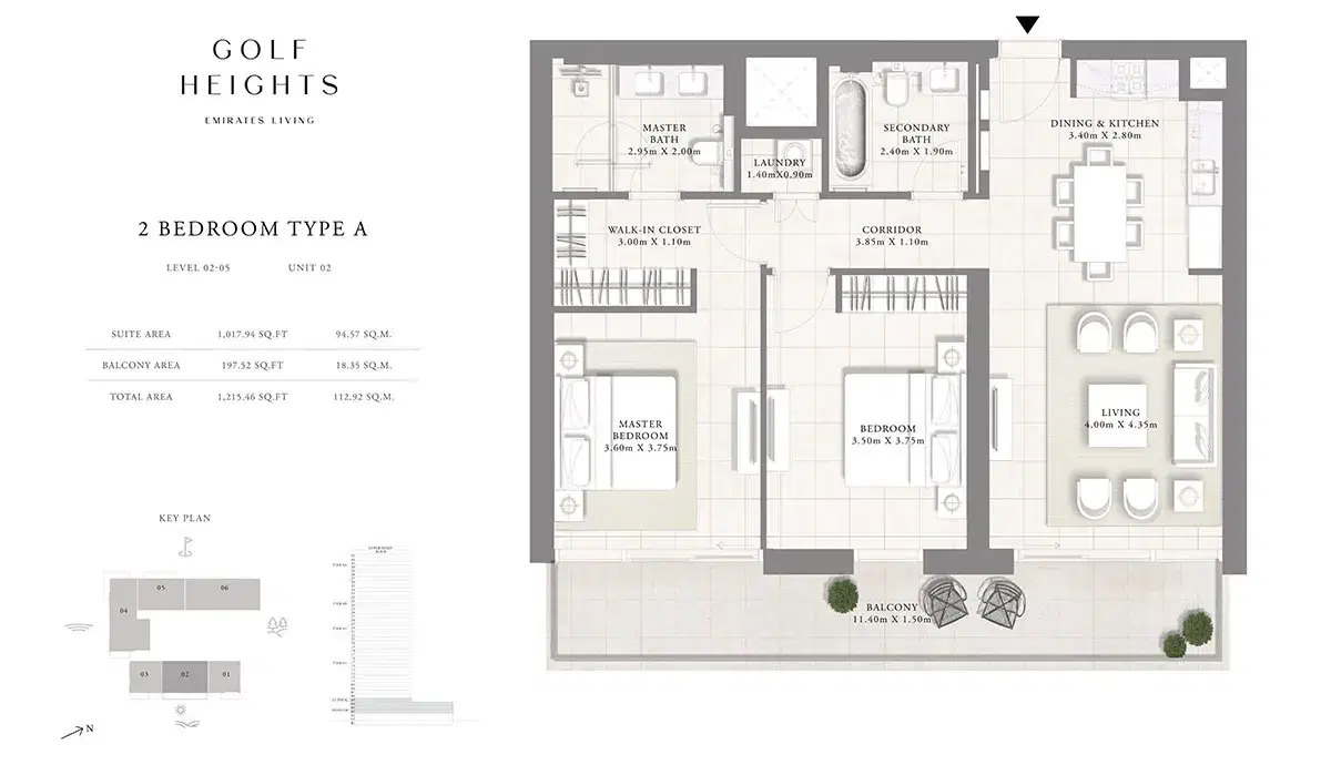 EMAAR Golf Heights Dubai 2 BR Floor Plan 1,215 Sq. Ft.