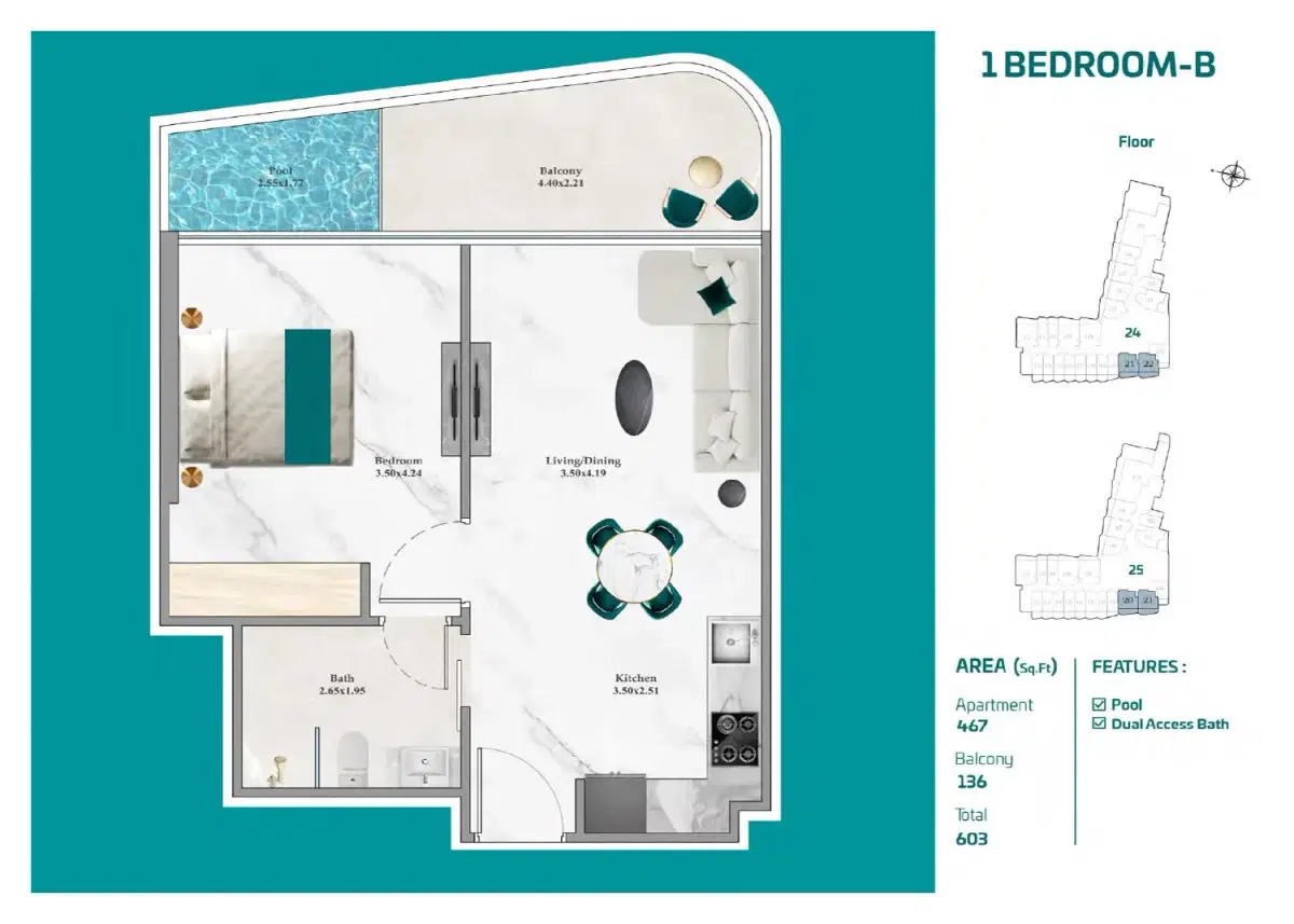 Breez By Danube Dubai Maritime City 1 BR Apartment Floor Plan