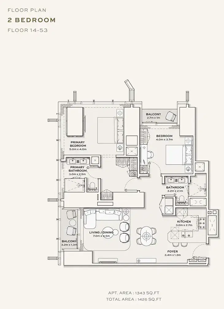 Burj Azizi Tower by Azizi Developments 2 BR Floor Plan 1,426 Sq. Ft.