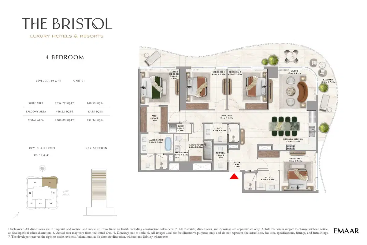 Emaar The Bristol Apartments 4 BR Floor Plan 2,500 Sq. Ft.
