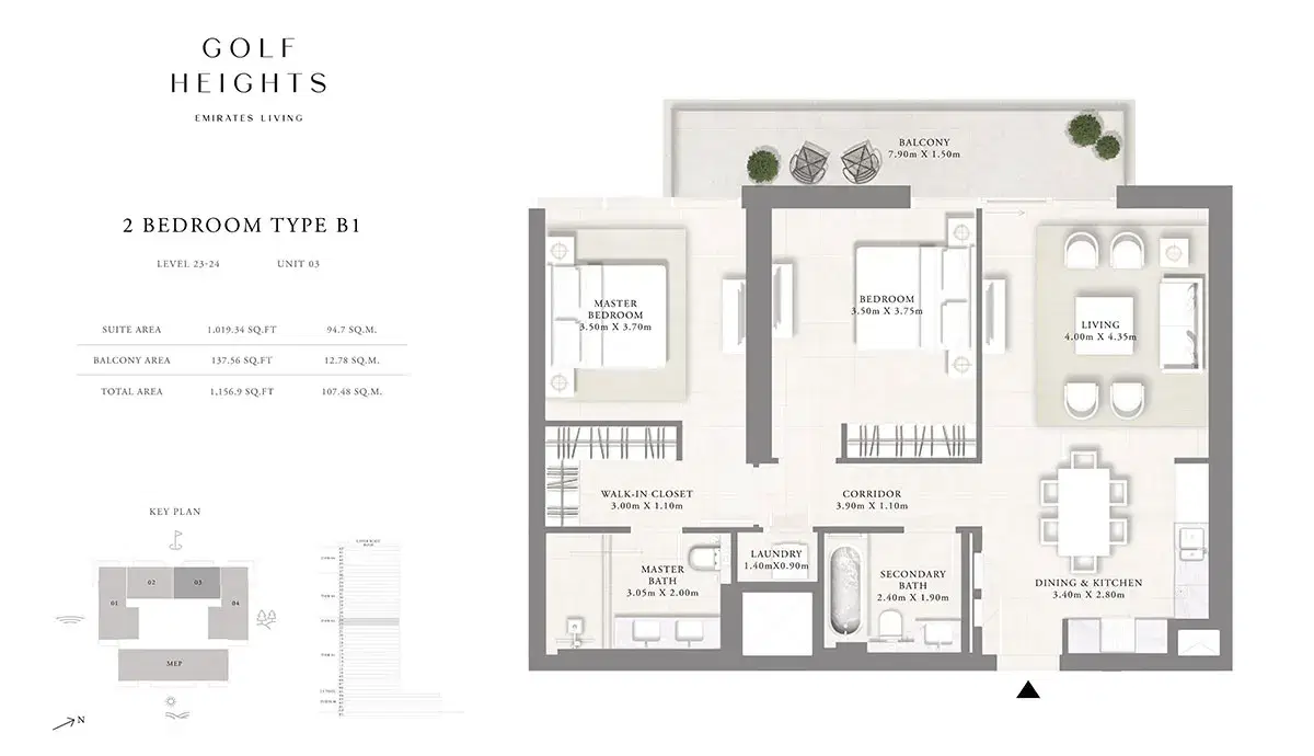 EMAAR Golf Heights Dubai 2 BR Floor Plan 1,156 Sq. Ft.