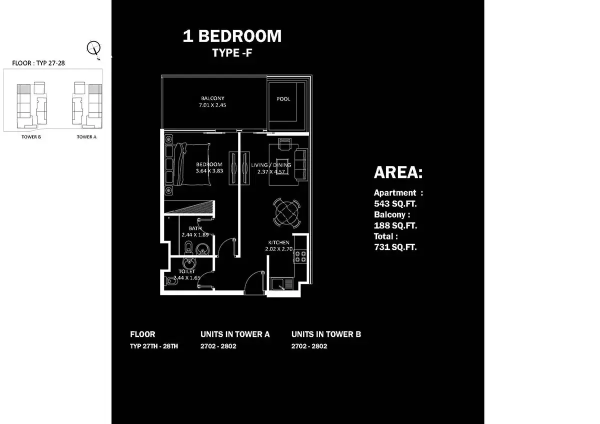 Danube Elitz Dubai 1 BR Floor Plan 731 Sq. Ft.