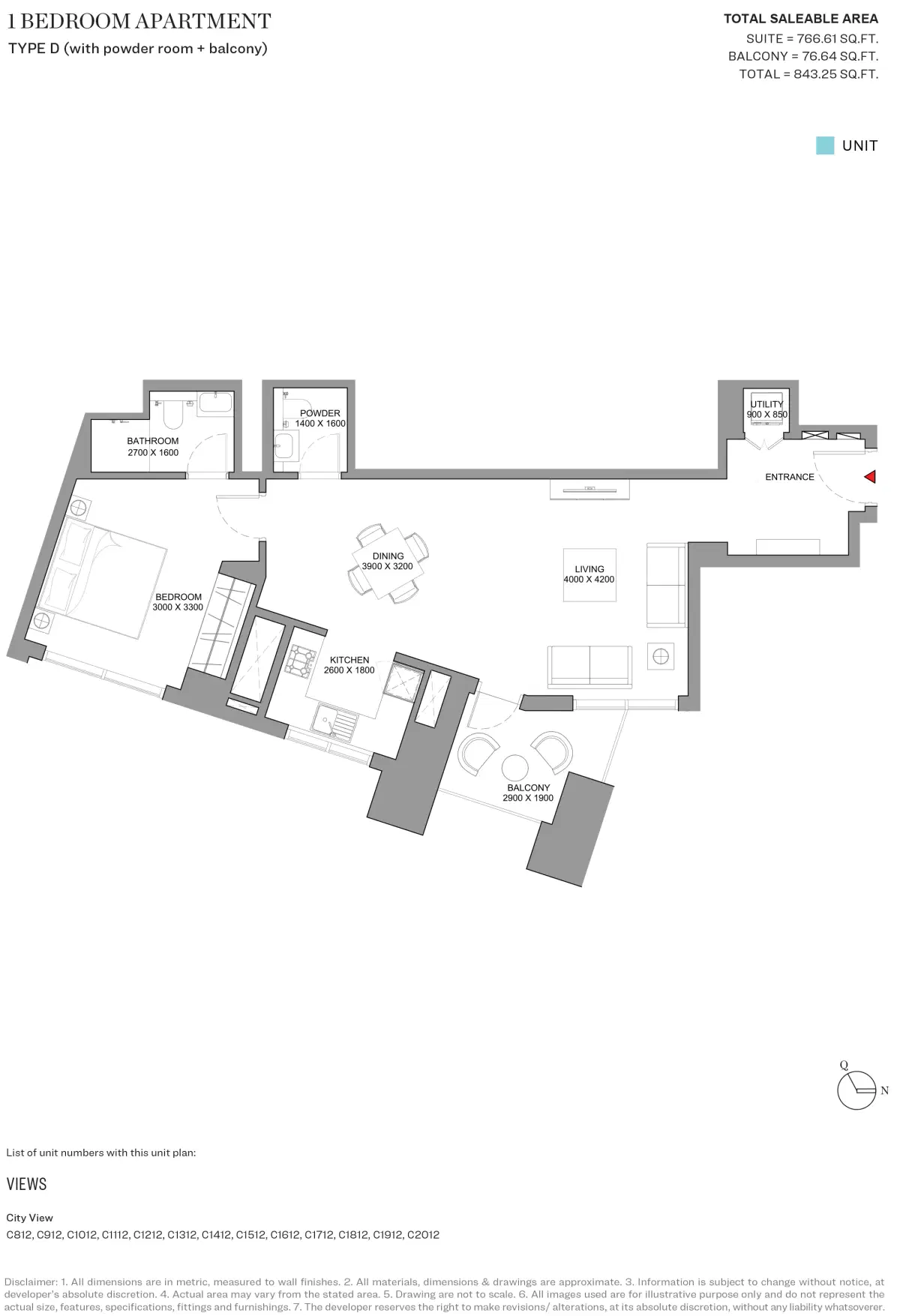 Sobha Skyscape Aura Dubai 1 BR Floor Plan 843 Sq. Ft.
