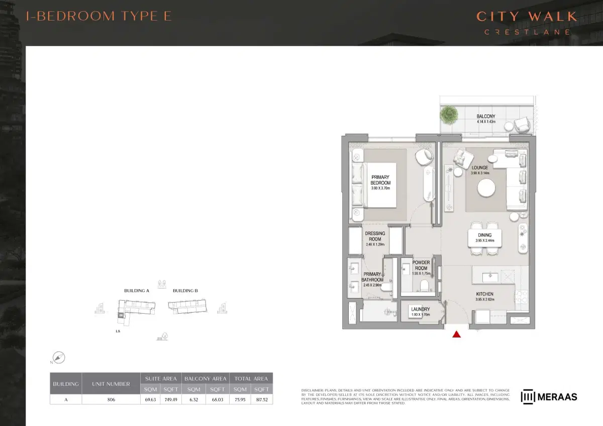 Meraas City Walk Crestlane at City Walk Dubai 1 Bedroom Apartments Floor Plan